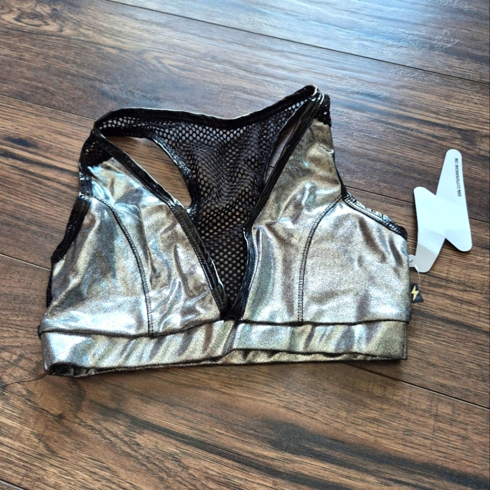 Silver Black Patent leather look vinyl mesh shiny chrome sports bra Size small